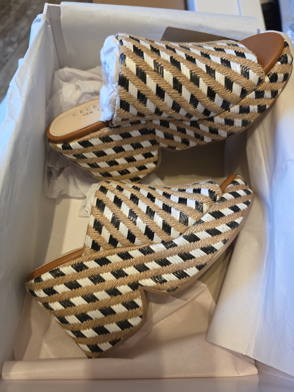 Celelia Woven Stripe Platform Mules - Black White Tan
